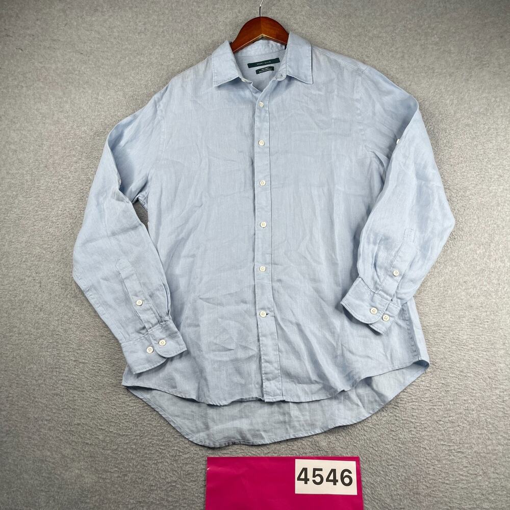 Perry Ellis Linen Shirt Powder Blue Beach Casual Button Up Long Sleeve Mens Med